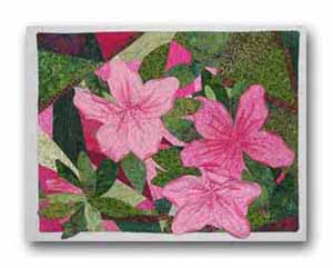 Inspired by a photo of my husband's wonderful azaleas taken in May of 2006. Machine pieced and appliqué. Embellished with ink and Swarovski crystals.